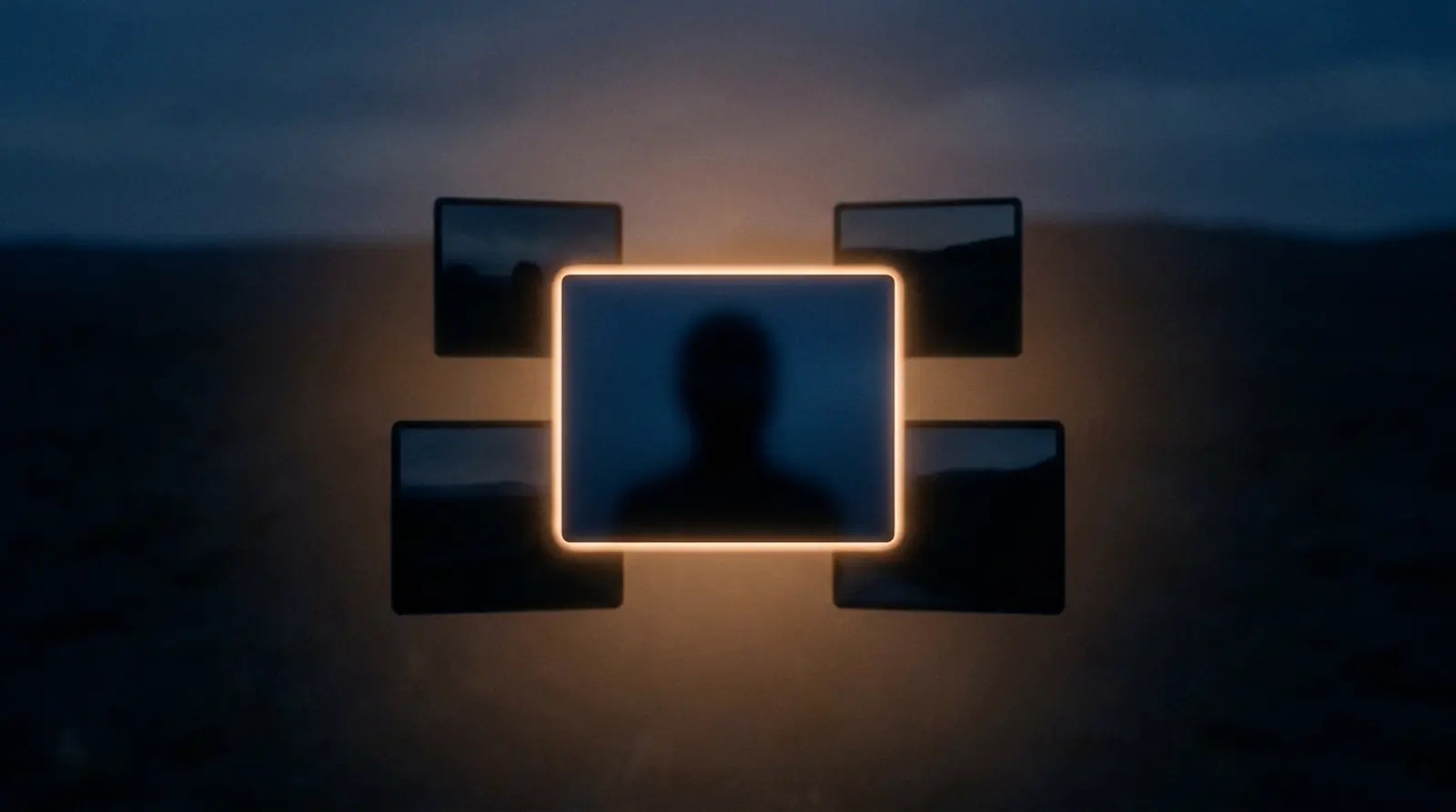 Abstract square talking-head silhouette with B-roll thumbnail rectangles arrayed around it.