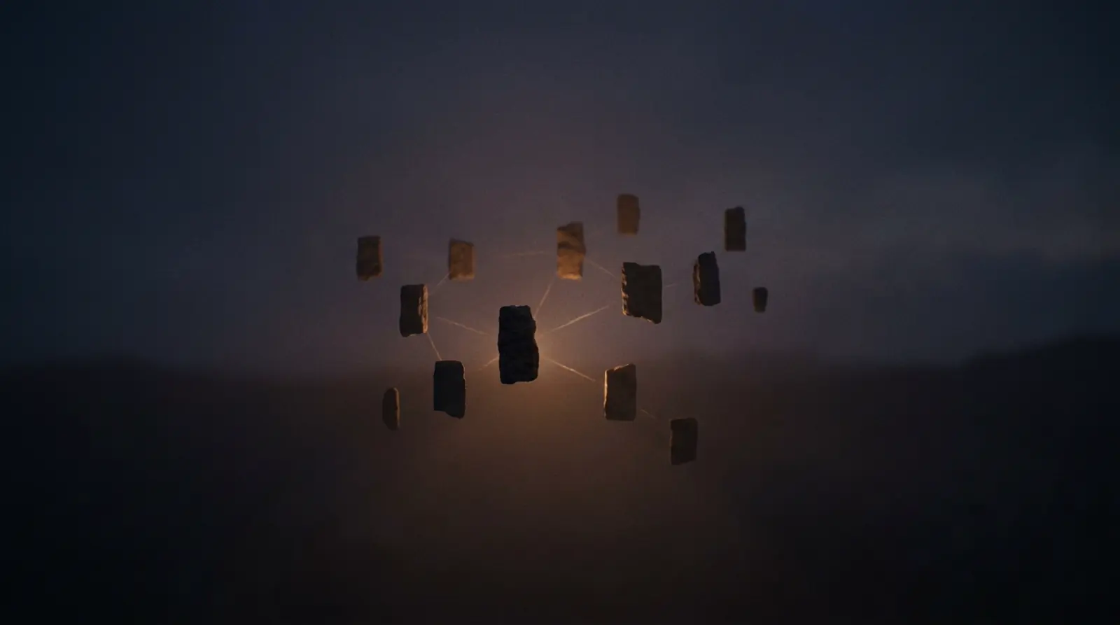 Abstract constellation of thumbnail silhouettes connected by faint routing lines.
