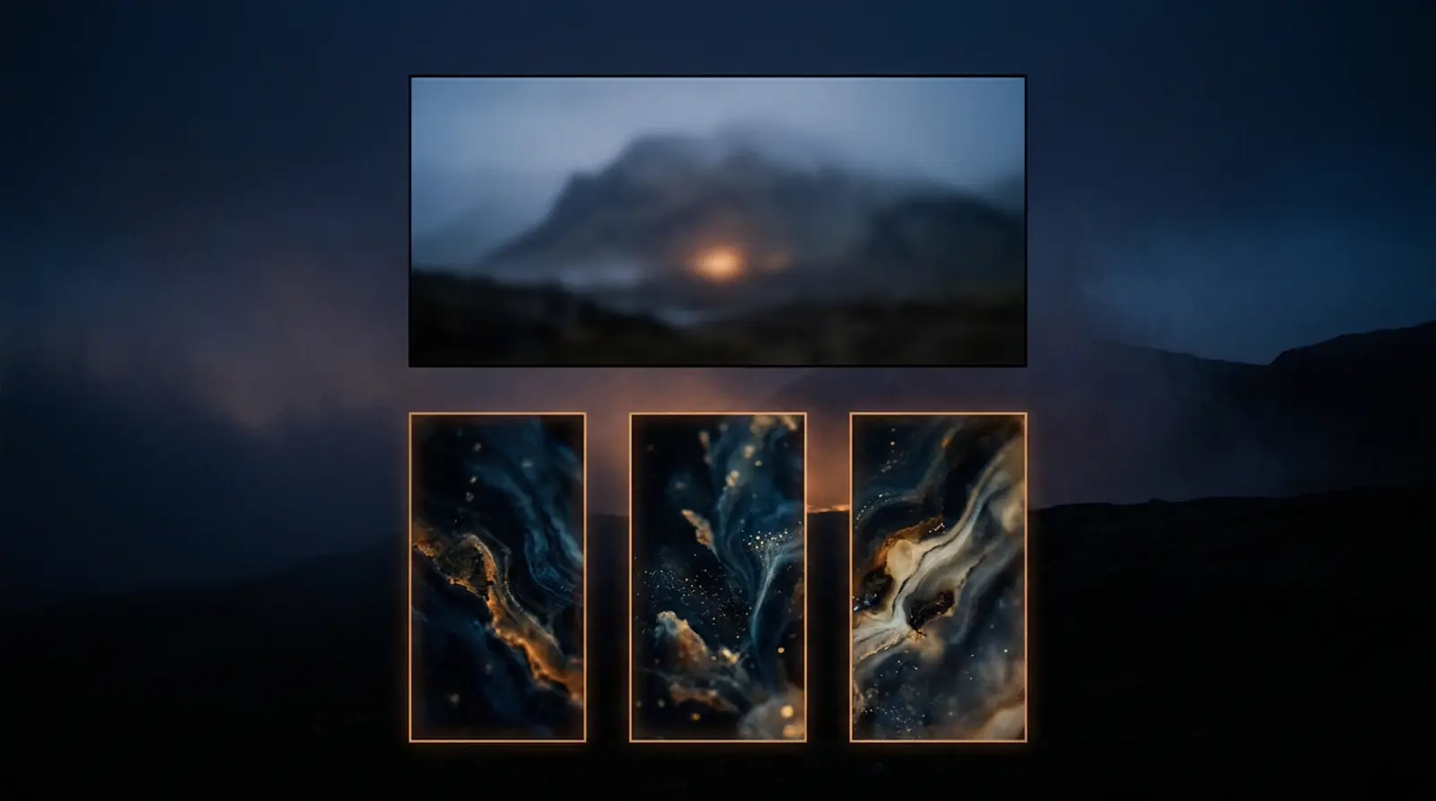 Three abstract 9:16 phone-aspect rectangles outlined below a 16:9 cinematic frame.