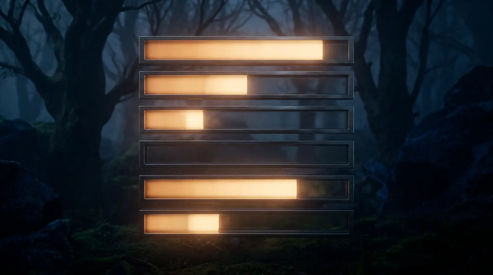 Abstract cinematic visualisation of six glowing progress bars stacked vertically at varying fill levels.