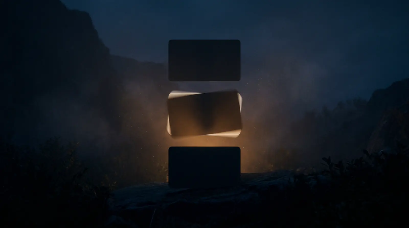 Three abstract scene-card silhouettes stacked vertically; the middle one mid-swap.
