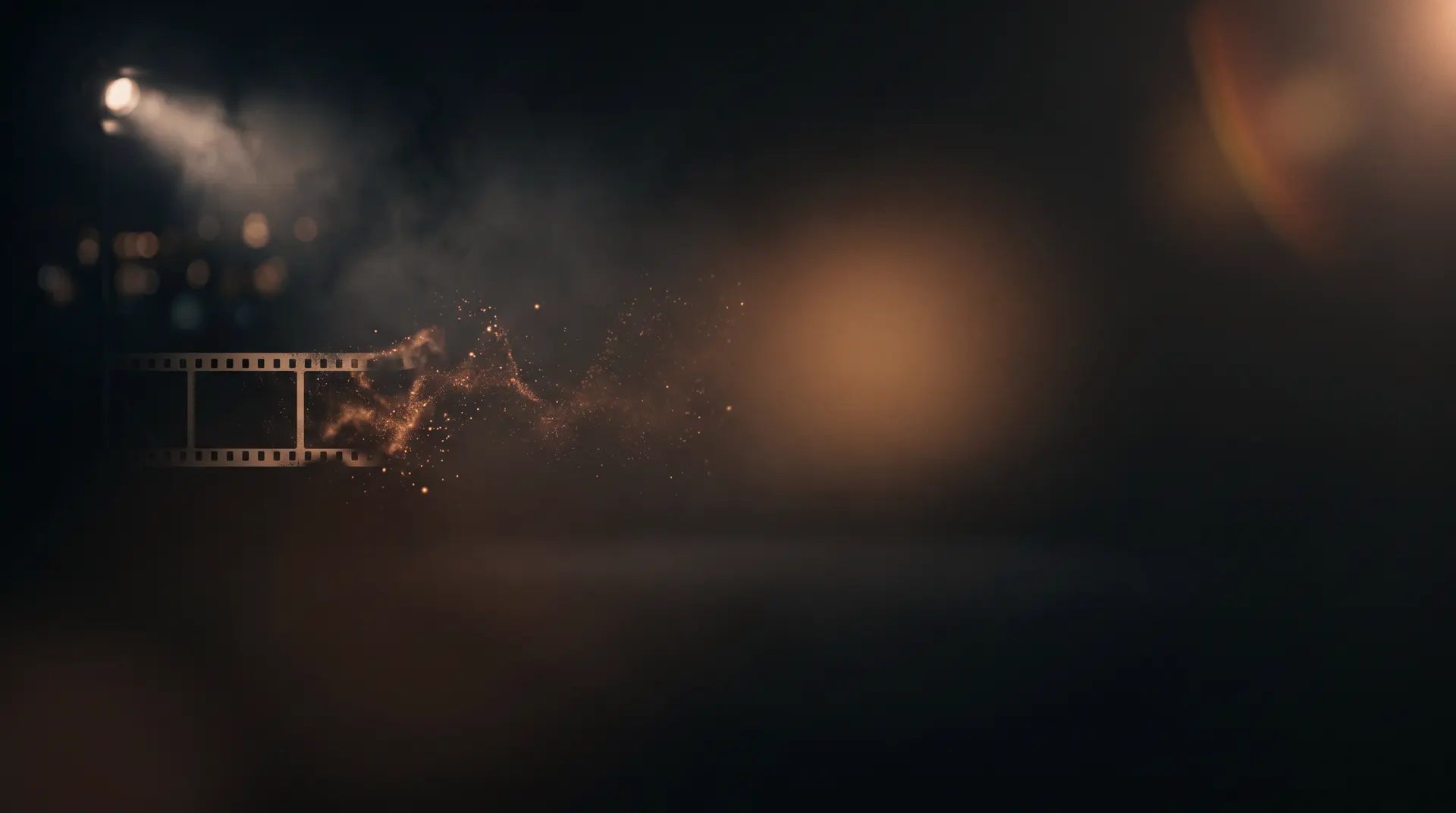 CueTheScene, a cinematic dark still in the brand's amber-on-charcoal palette