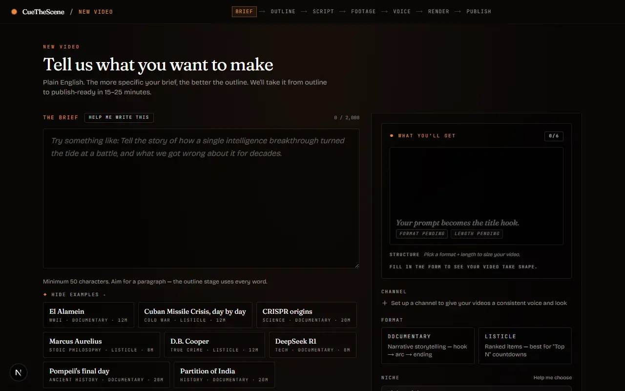 The CueTheScene brief screen, where a creator types a topic and picks a format and length