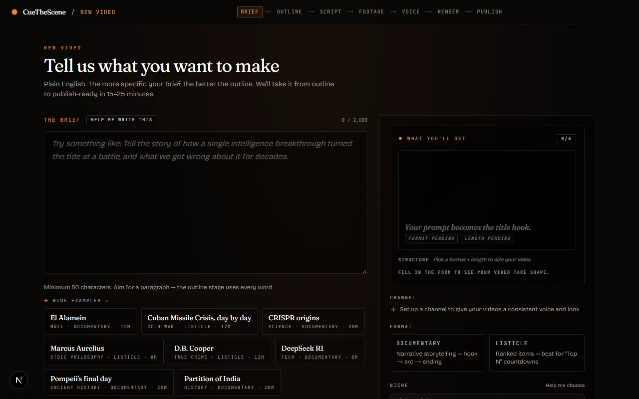The CueTheScene brief screen, where a creator types a topic and picks a format and length