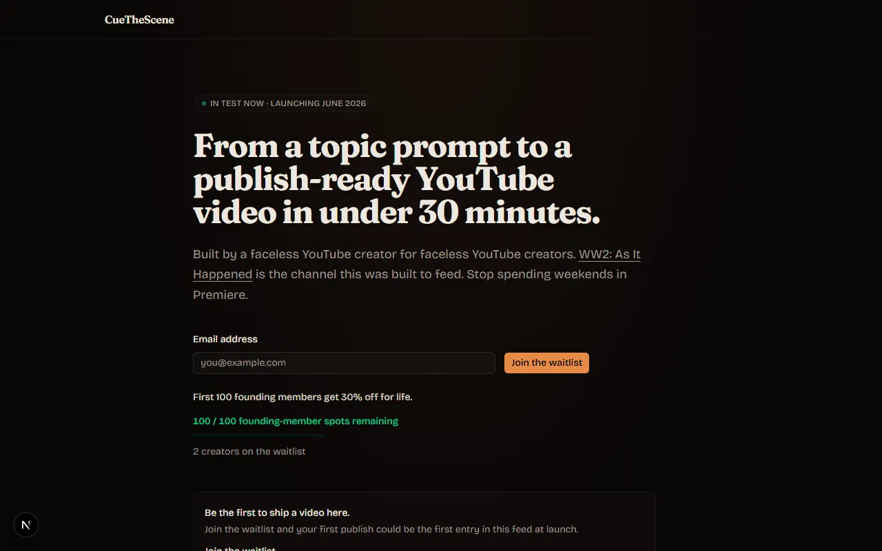 The CueTheScene landing page with its cinematic dark hero
