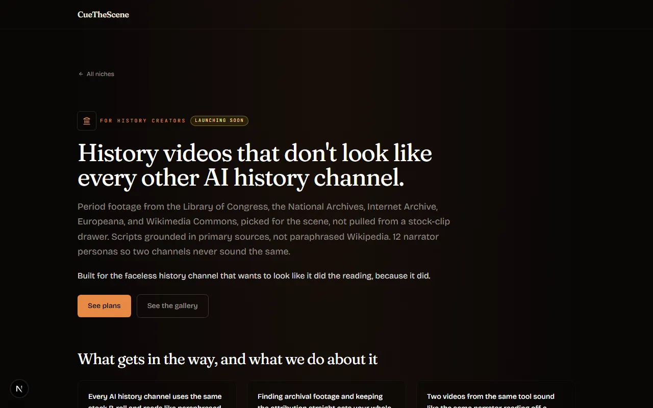 A CueTheScene niche landing page describing the product for a specific YouTube niche